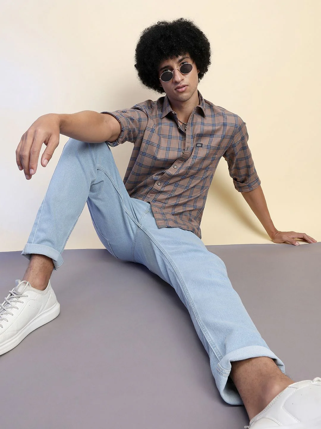 The Indian Garage Co Men Beige & Navy Blue Slim Fit Printed Casual Shirt - Image 7