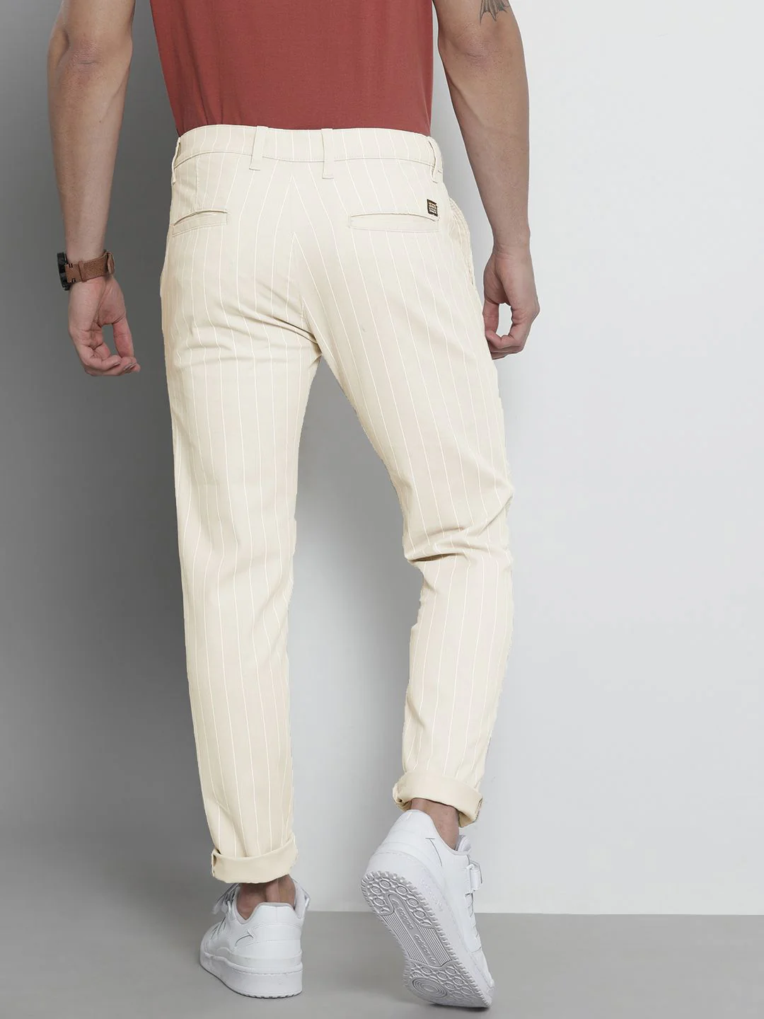 The Indian Garage Co Men Beige Striped Slim Fit Trousers - Image 3