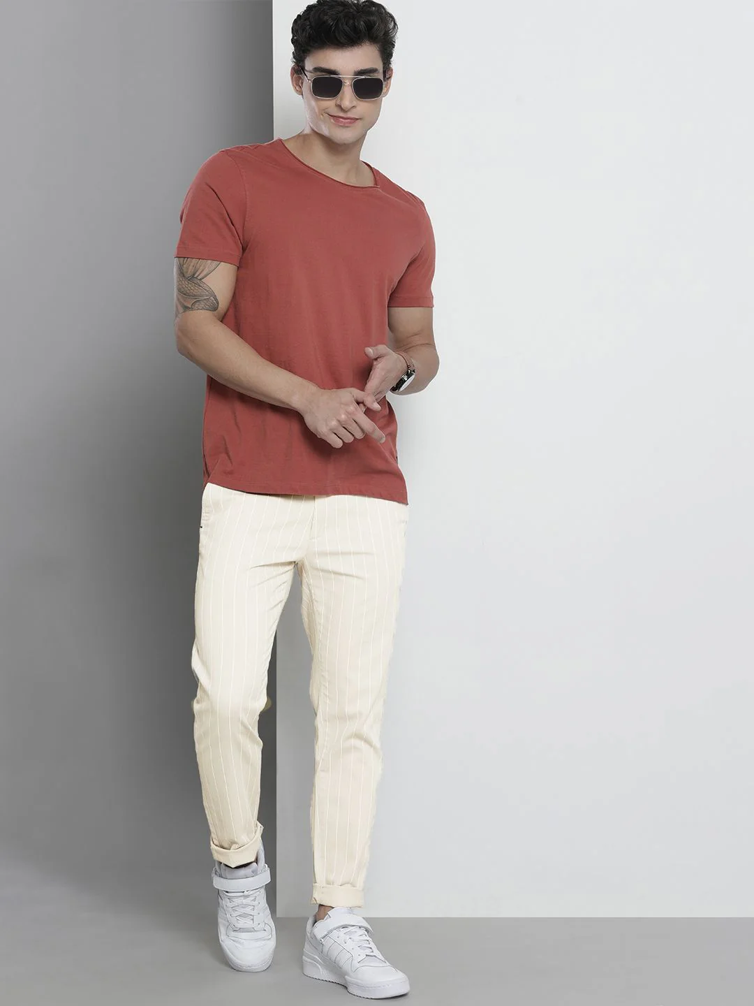 The Indian Garage Co Men Beige Striped Slim Fit Trousers - Image 5