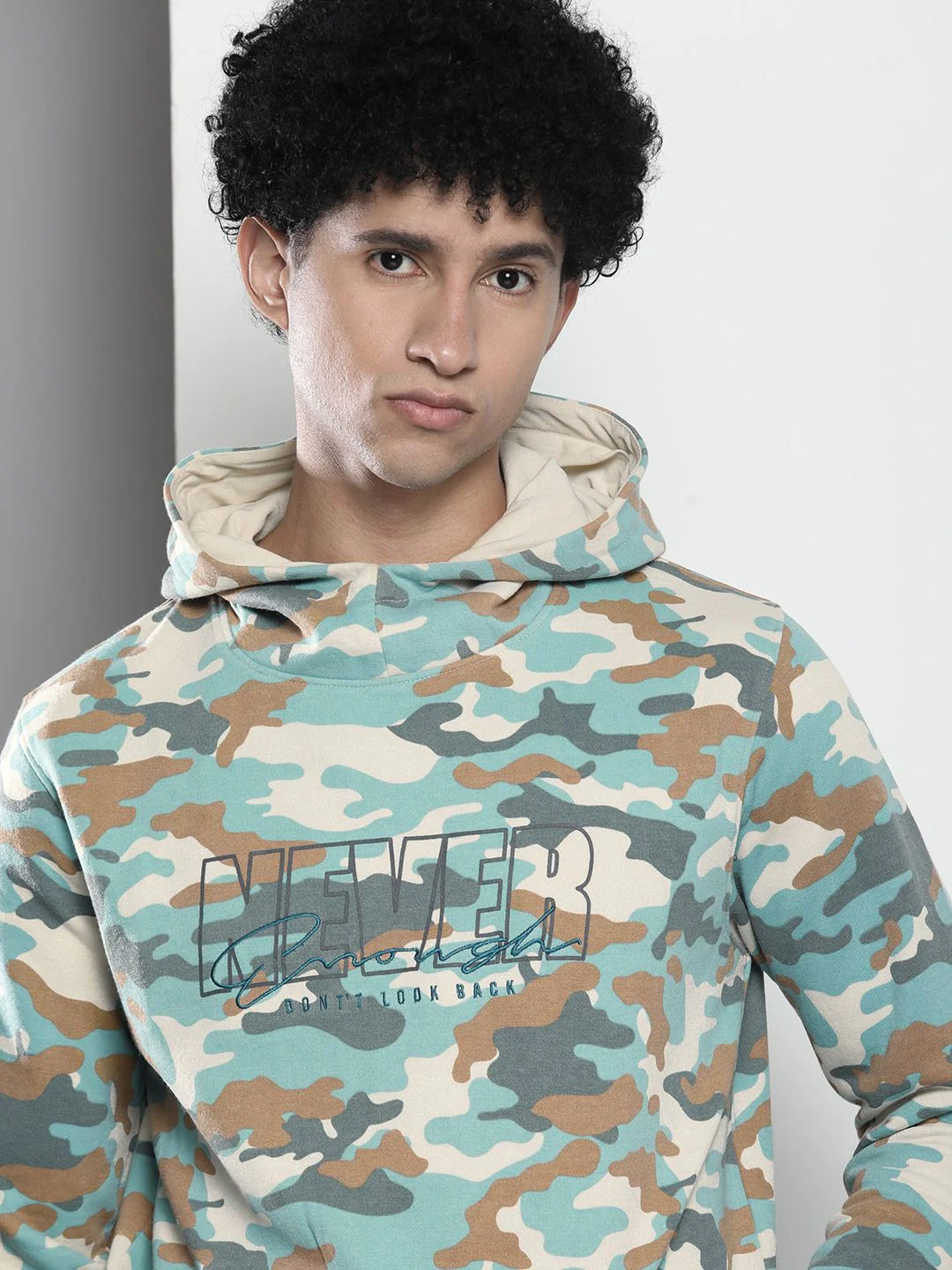 The Indian Garage Co Men Beige & Turquoise Blue Printed Hooded Sweatshirt - Image 2