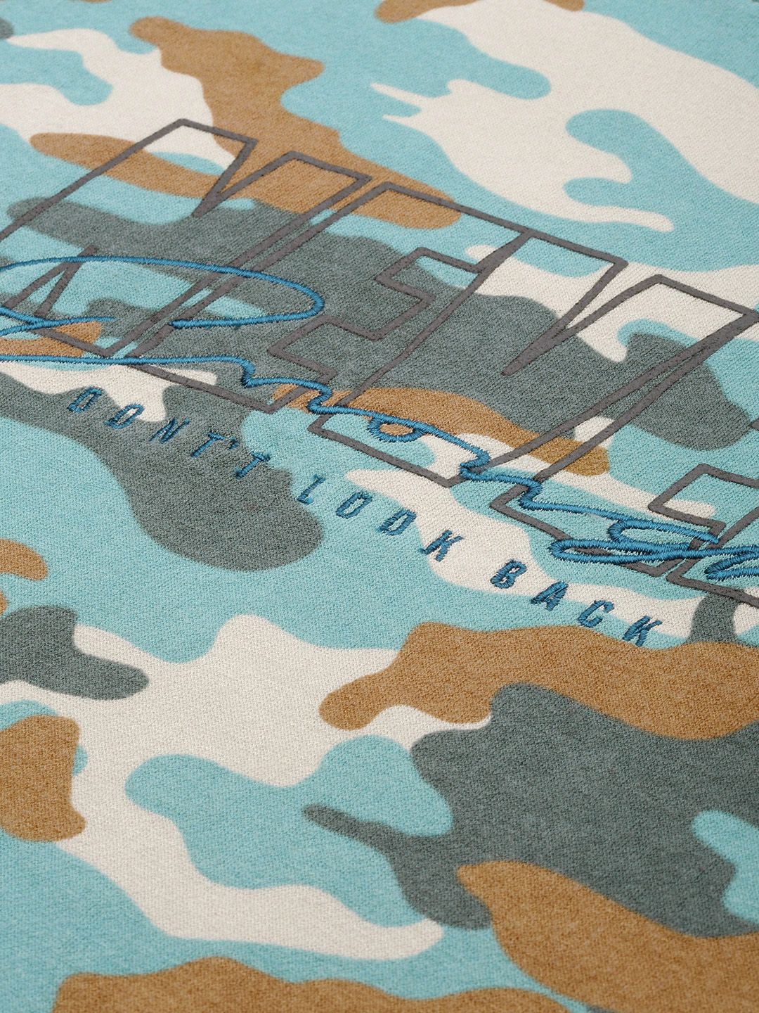 The Indian Garage Co Men Beige & Turquoise Blue Printed Hooded Sweatshirt - Image 3