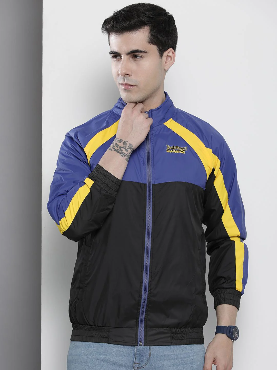 The Indian Garage Co Men Black & Blue Colourblocked Windcheater Bomber Jacket - Image 3