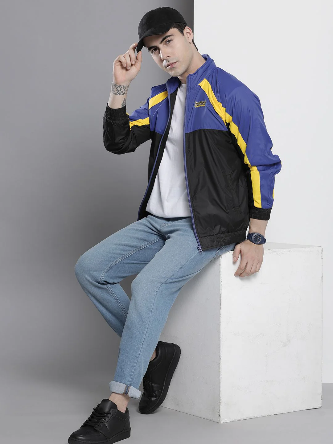 The Indian Garage Co Men Black & Blue Colourblocked Windcheater Bomber Jacket - Image 4