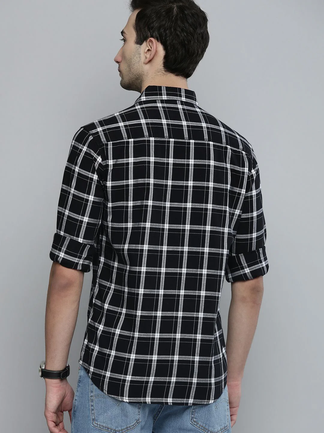 The Indian Garage Co Men Black Cotton Slim Fit Opaque Checked Casual Shirt - Image 4