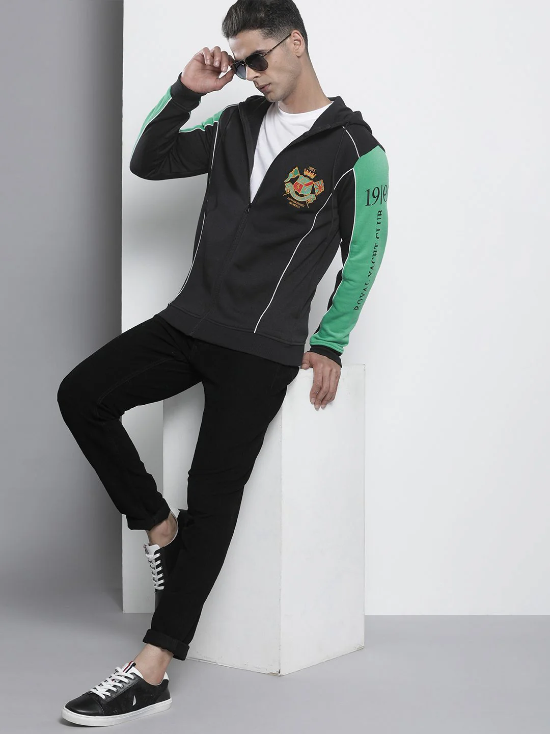The Indian Garage Co Men Black Embroidered Hooded Sweatshirt