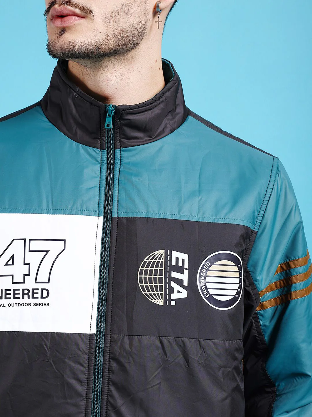 The Indian Garage Co Men Black Longline Outdoor Bomber with Patchwork Jacket - Image 2