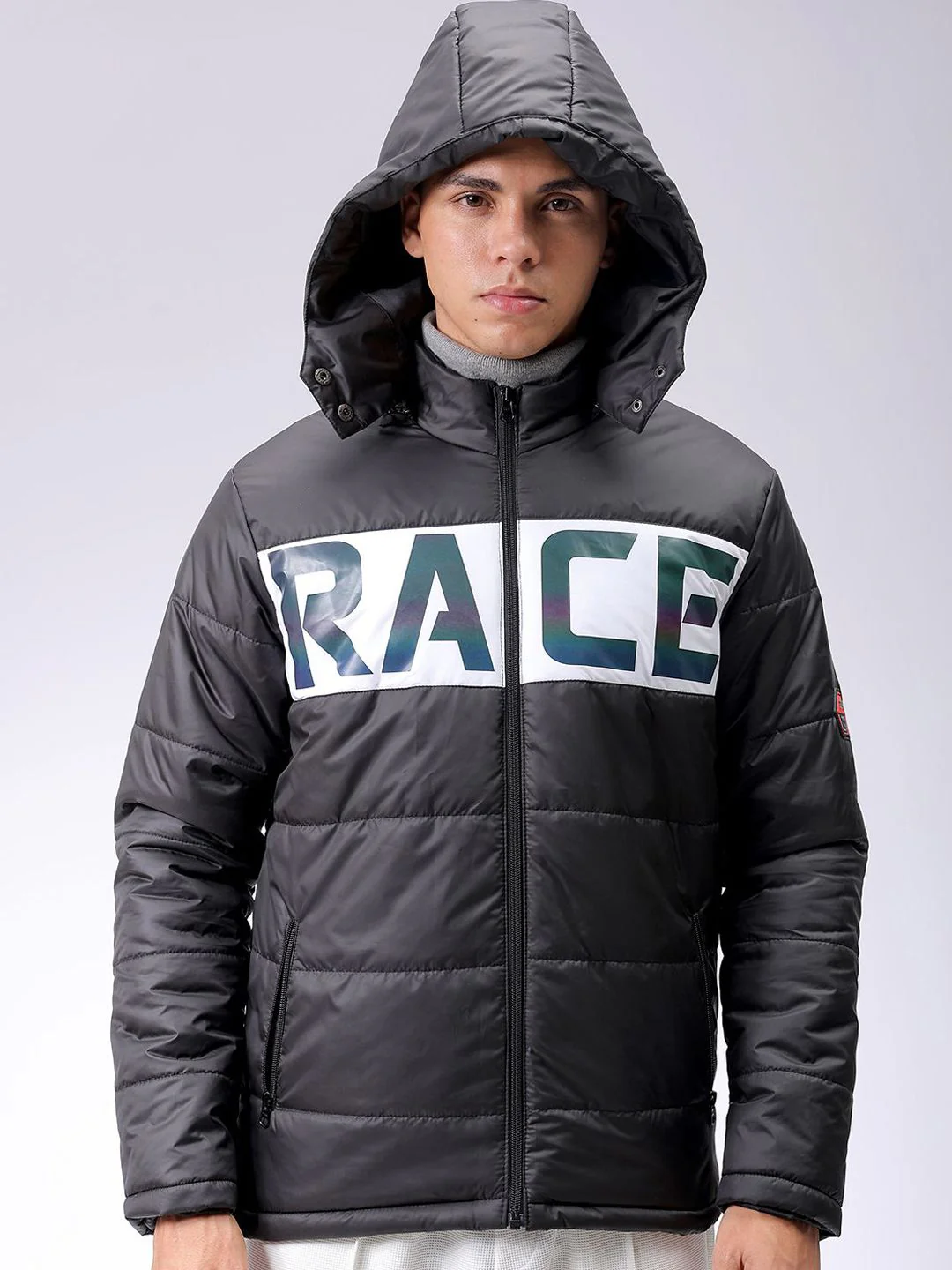 The Indian Garage Co Men Black Reflective Print Detachable Hood Padded Jacket - Image 4