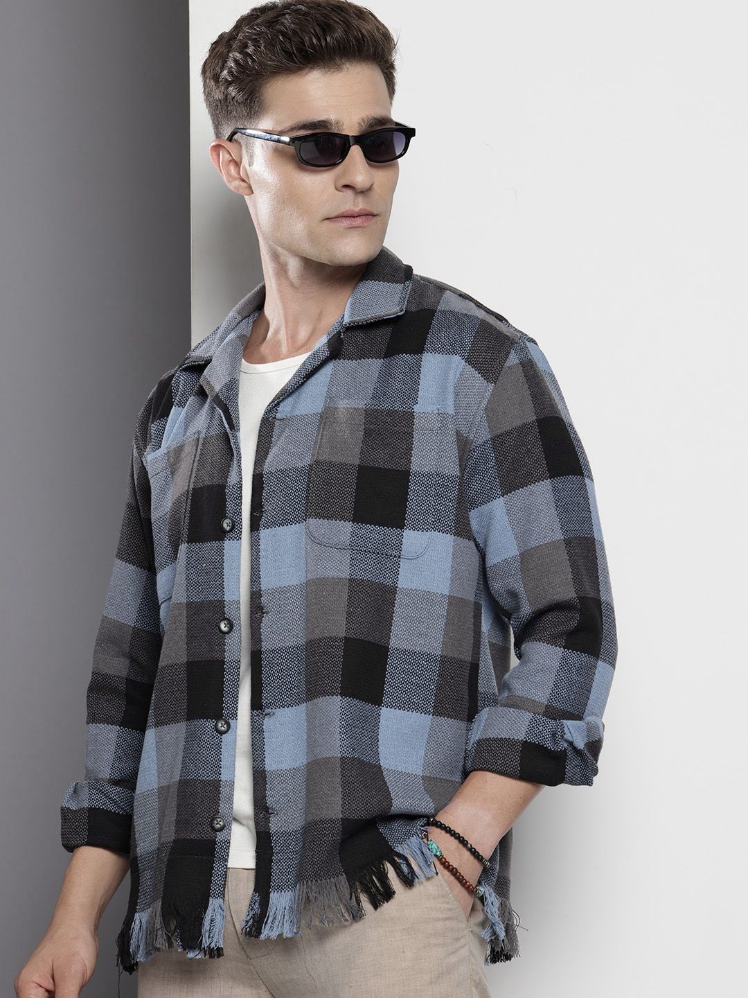 The Indian Garage Co Men Black Relaxed Fit Fringed Textured Resort Wear Shirt