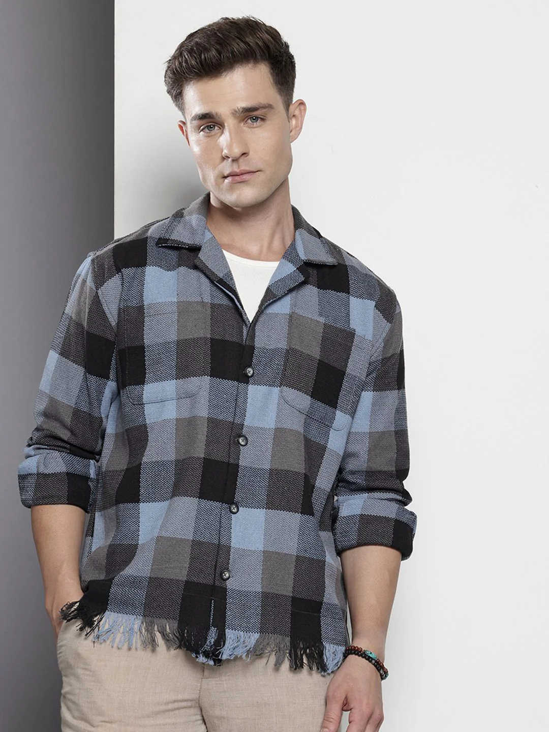 The Indian Garage Co Men Black Relaxed Fit Fringed Textured Resort Wear Shirt - Image 5