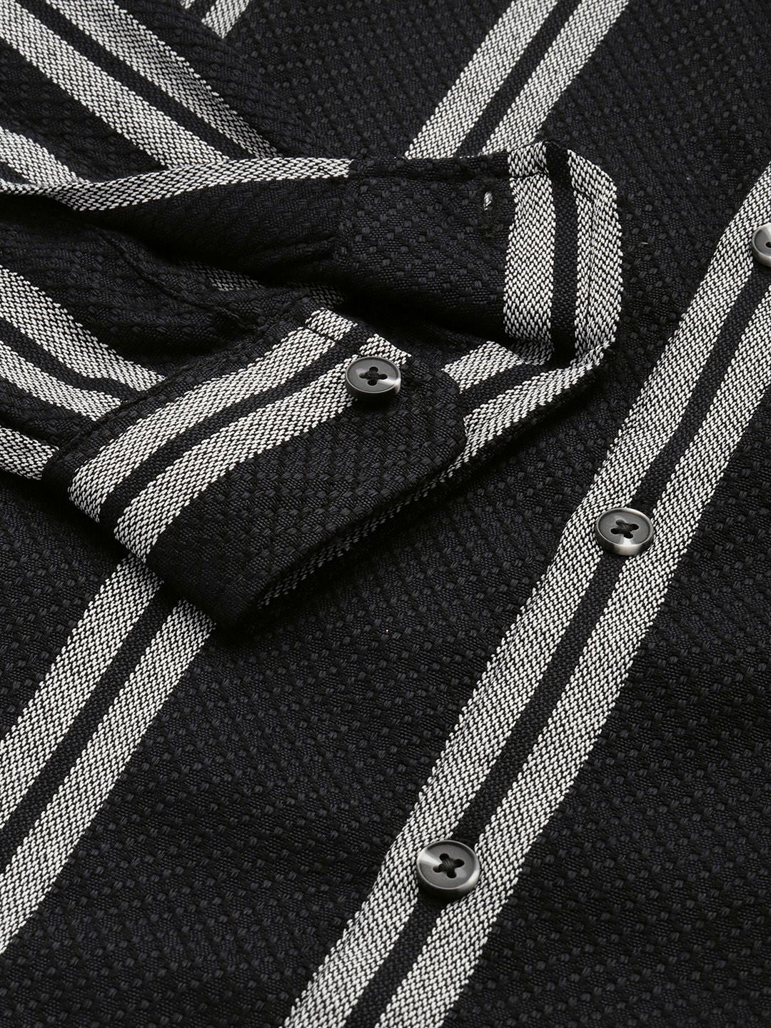 The Indian Garage Co Men Black Relaxed Fit Striped Dobby Resort Wear Shirt - Image 3
