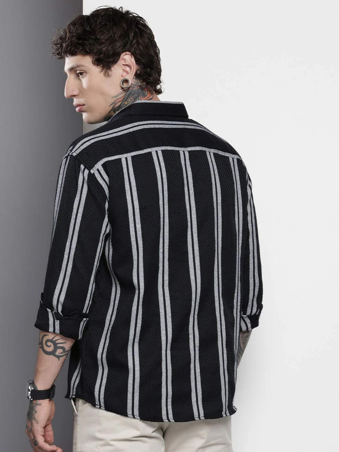The Indian Garage Co Men Black Relaxed Fit Striped Dobby Resort Wear Shirt - Image 4