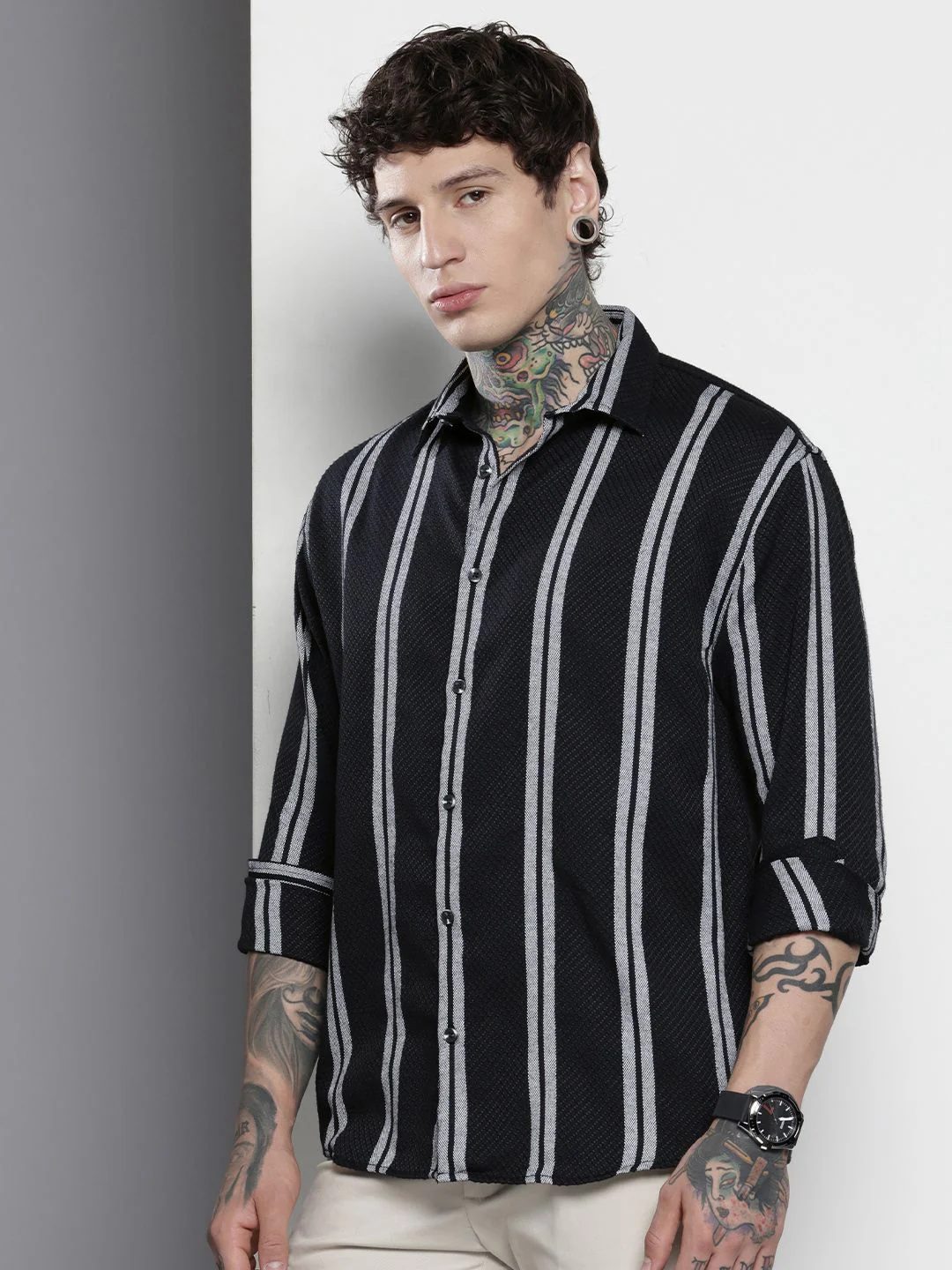 The Indian Garage Co Men Black Relaxed Fit Striped Dobby Resort Wear Shirt - Image 5