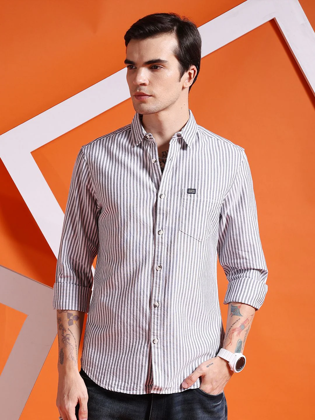 The Indian Garage Co Men Black Slim Fit Multi Stripes Striped Casual Shirt - Image 2