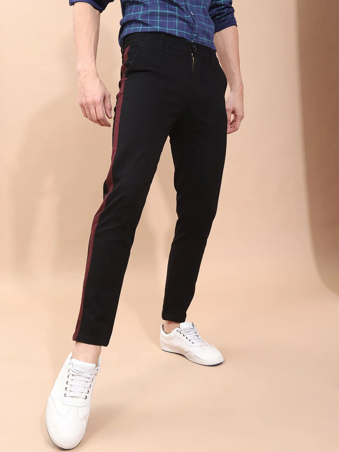 The Indian Garage Co Men Black Slim Fit Solid Chinos With Side Strip Detail