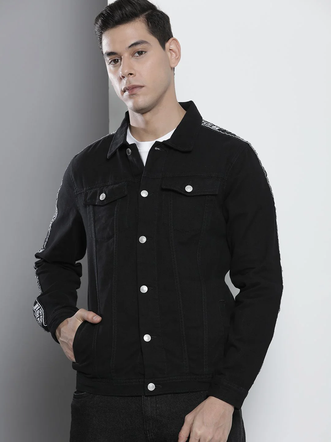 The Indian Garage Co Men Black Typography Lightweight Cotton Denim Jacket - Image 2