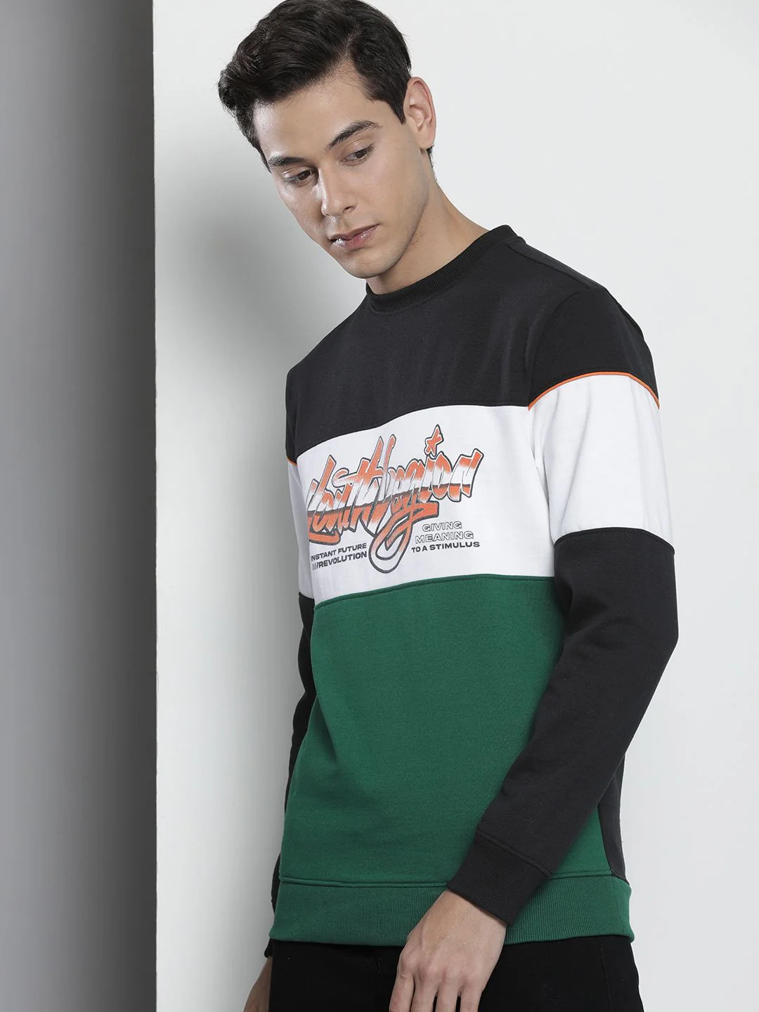 The Indian Garage Co Men Black & White Colourblocked Sweatshirt - Image 3