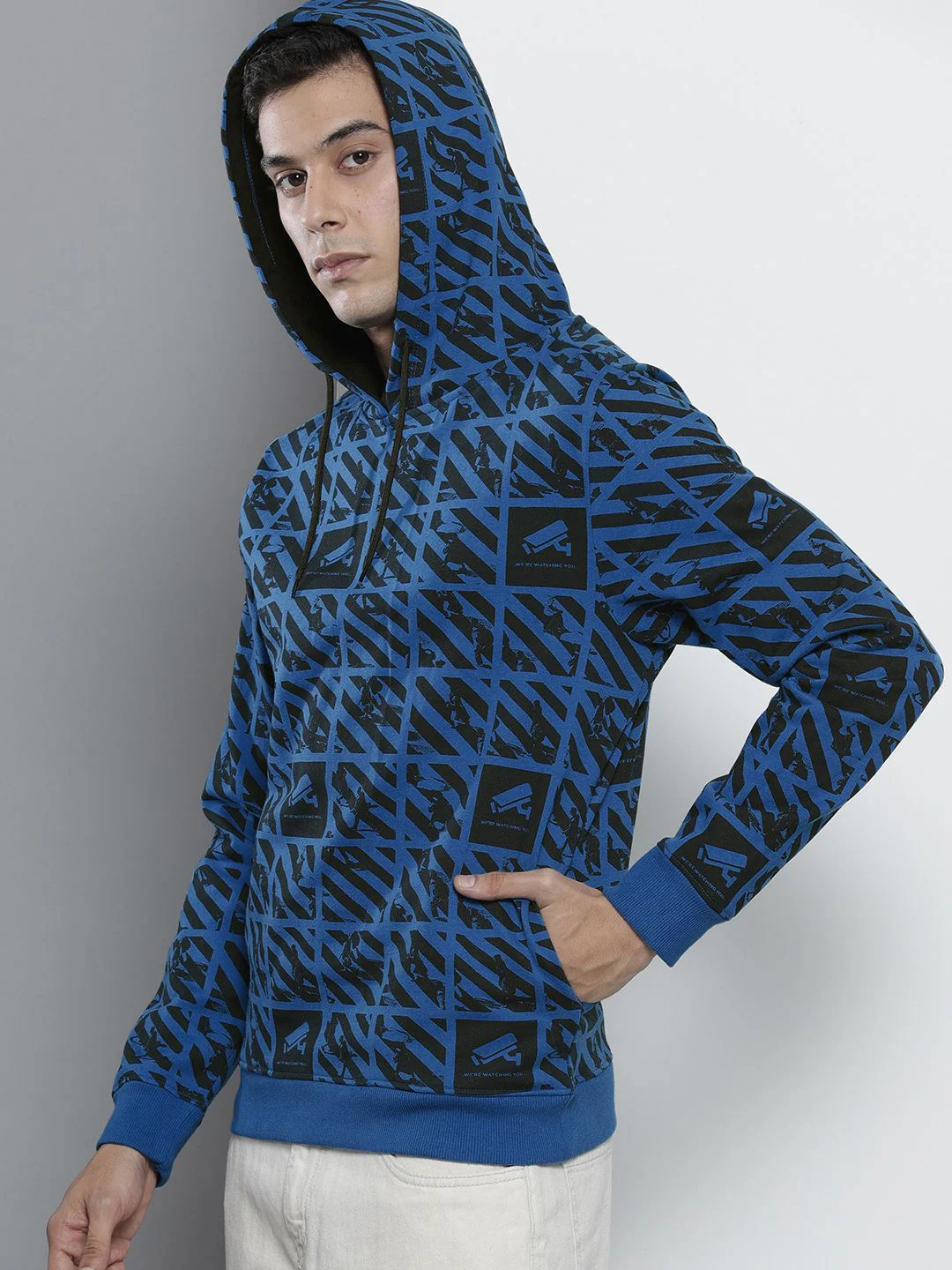 The Indian Garage Co Men Blue & Black Printed Hooded Sweatshirt - Image 3