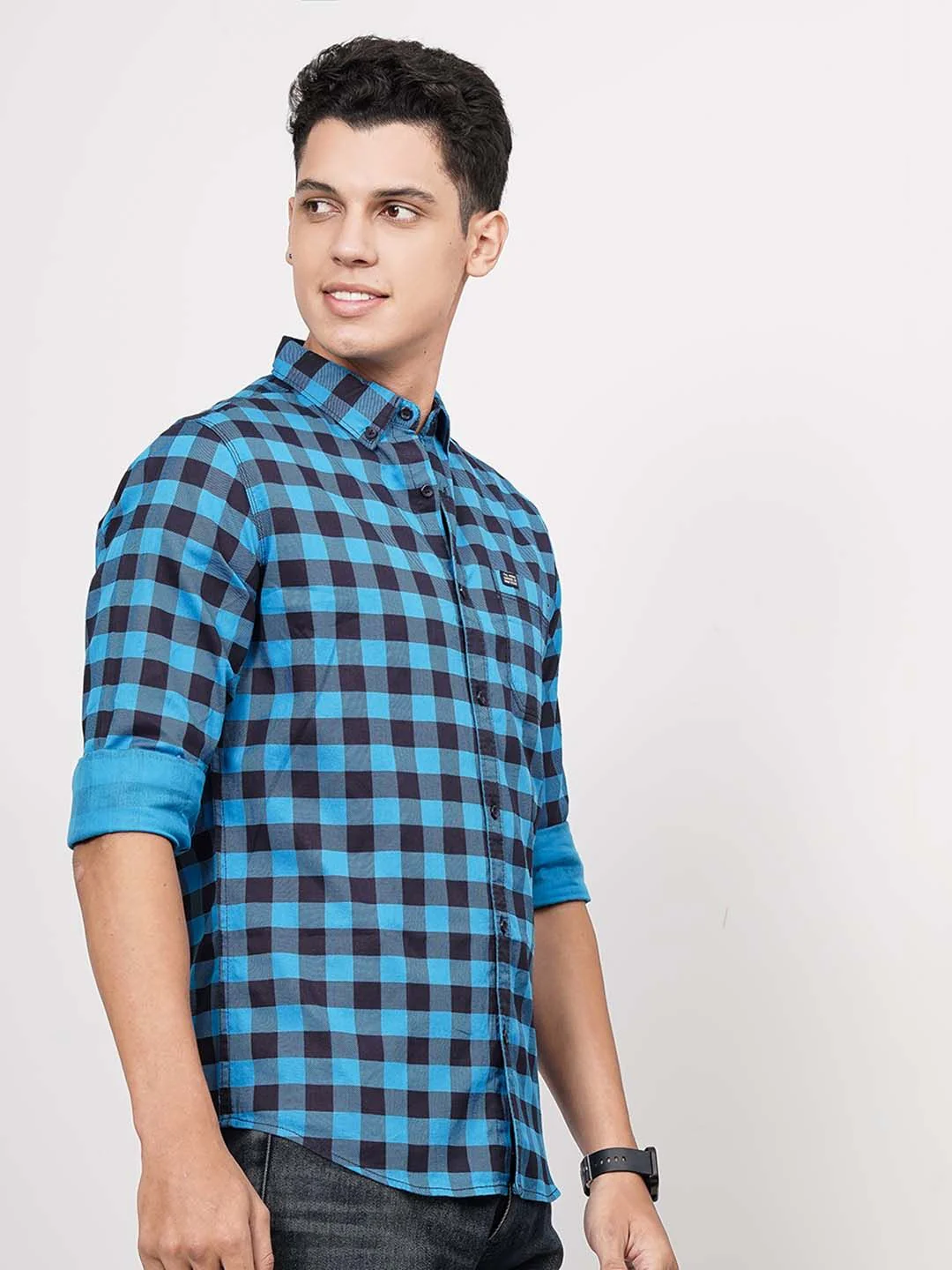 The Indian Garage Co Men Blue & Black Slim Fit Checked Casual Shirt - Image 3