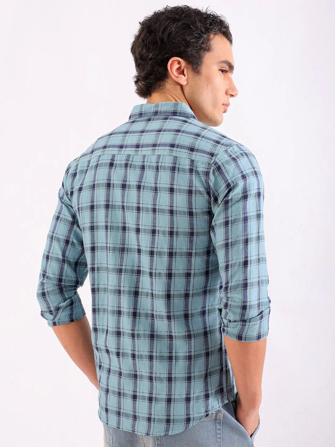 The Indian Garage Co Men Blue & Black Tartan Checks Casual Shirt - Image 4