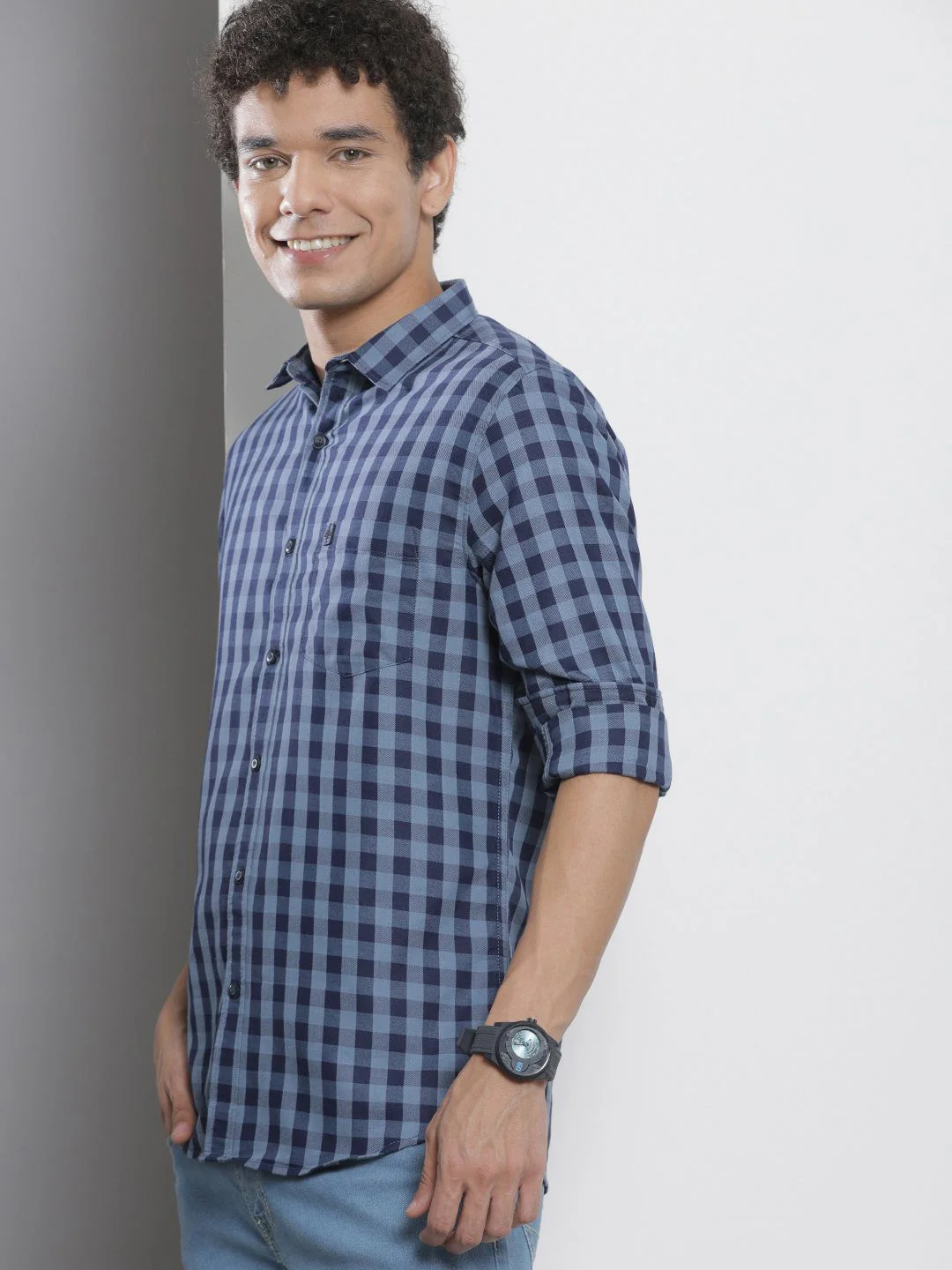 The Indian Garage Co Men Blue Checked Pure Cotton Casual Shirt - Image 5