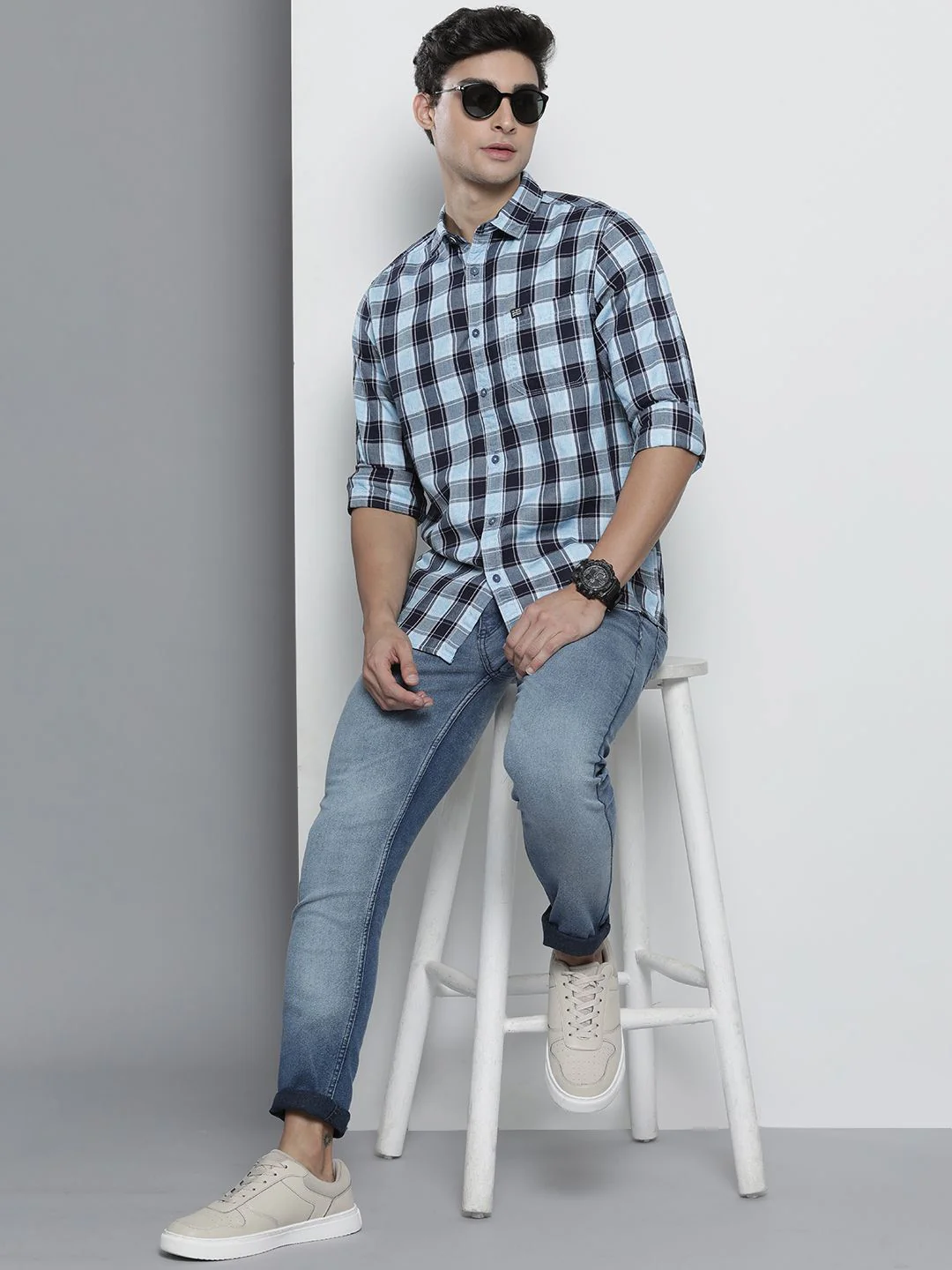The Indian Garage Co Men Blue Cotton Checked Casual Shirt - Image 6