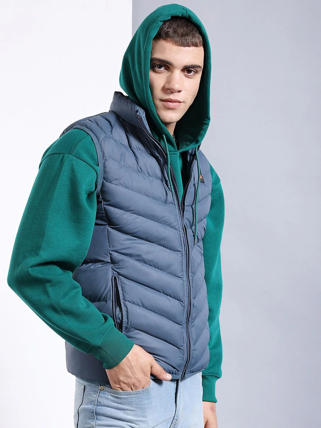 The Indian Garage Co Men Blue Floral Striped Outdoor Puffer Jacket - Image 3