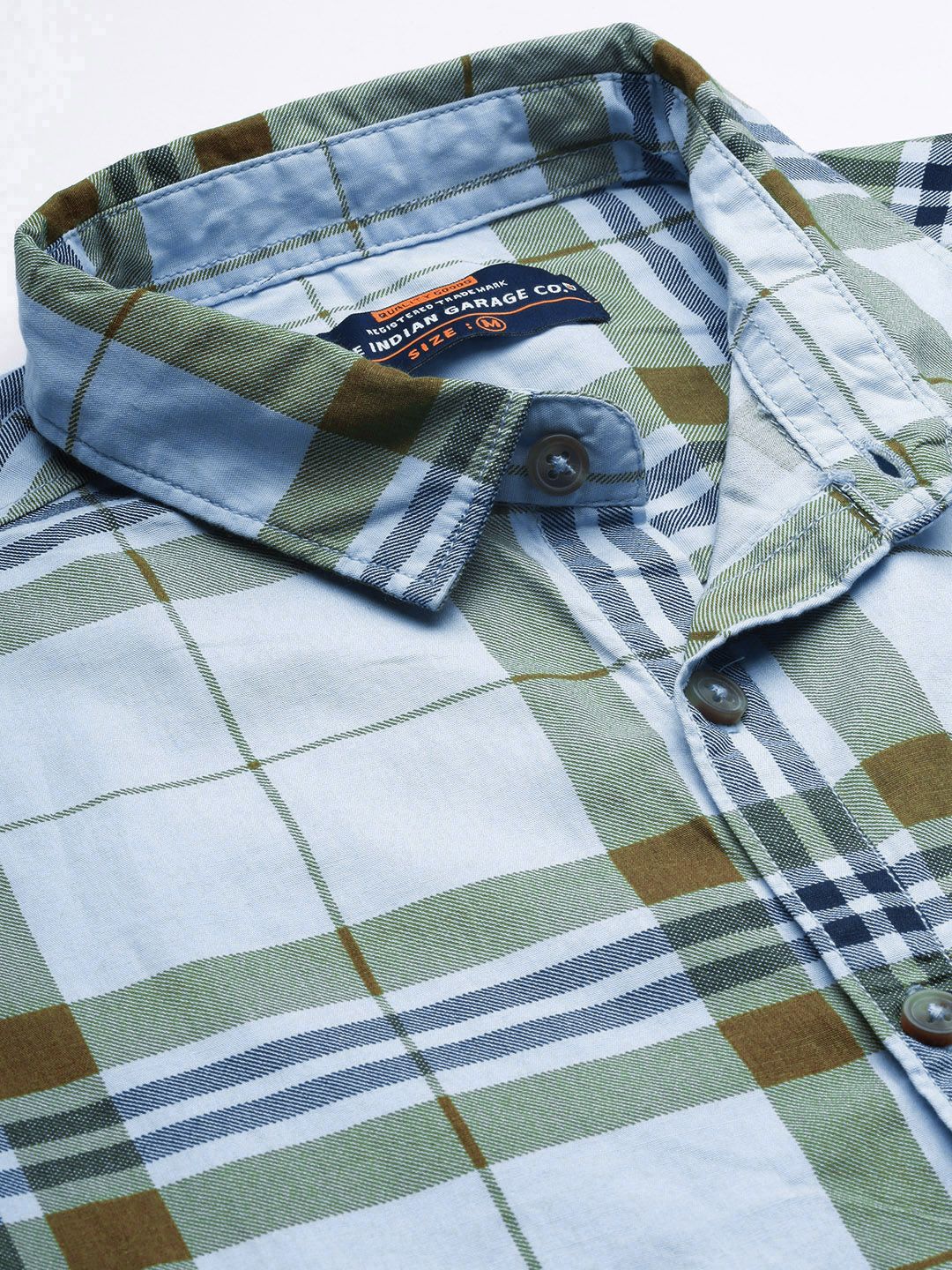 The Indian Garage Co Men Blue & Mustard Brown Checked Pure Cotton Casual Shirt - Image 2