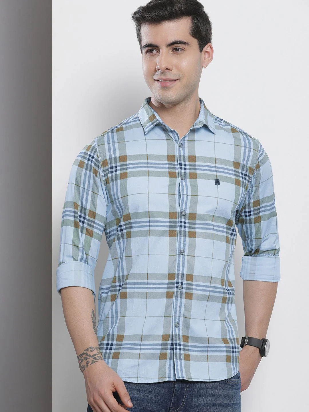 The Indian Garage Co Men Blue & Mustard Brown Checked Pure Cotton Casual Shirt - Image 5