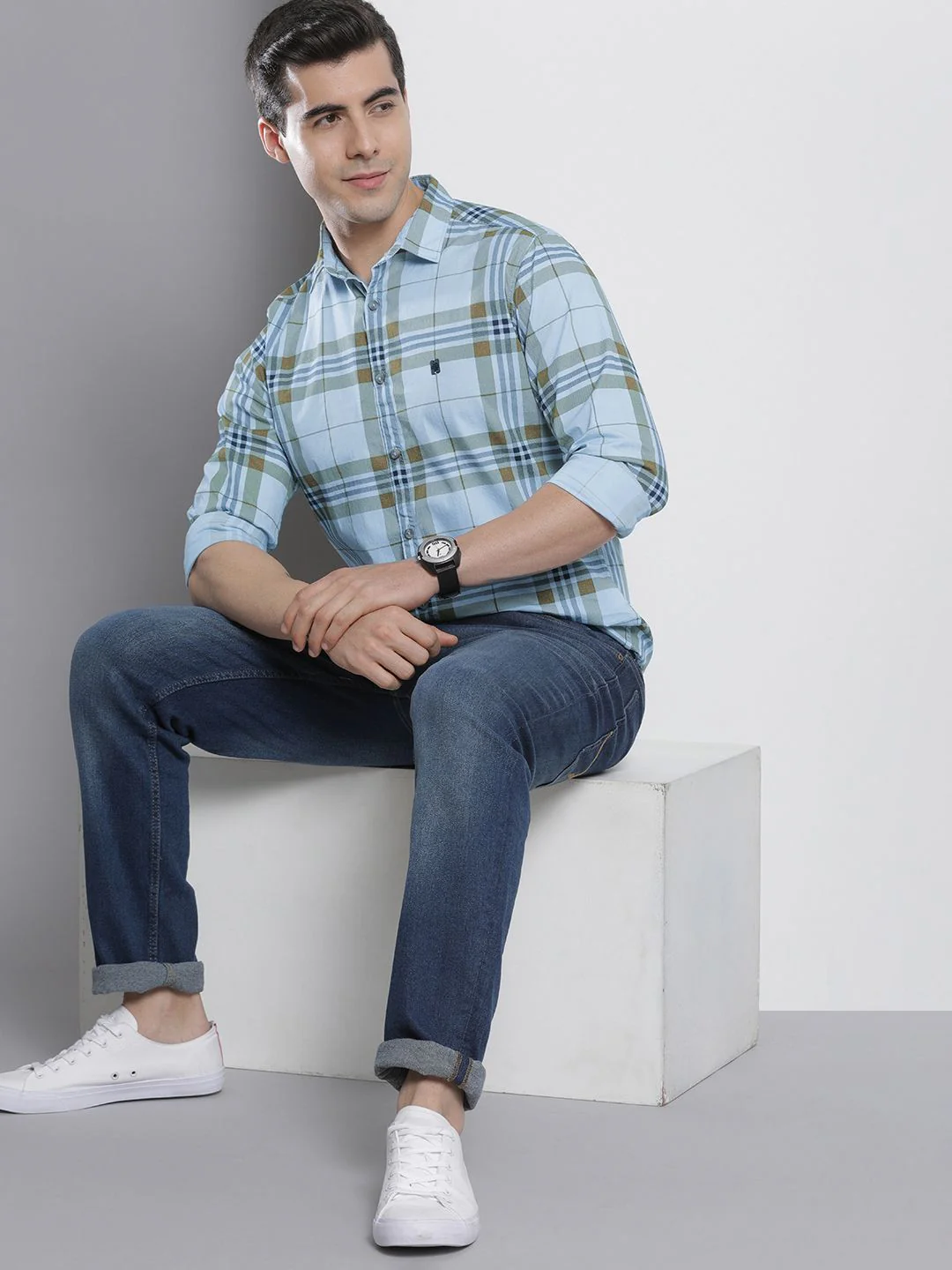 The Indian Garage Co Men Blue & Mustard Brown Checked Pure Cotton Casual Shirt - Image 6