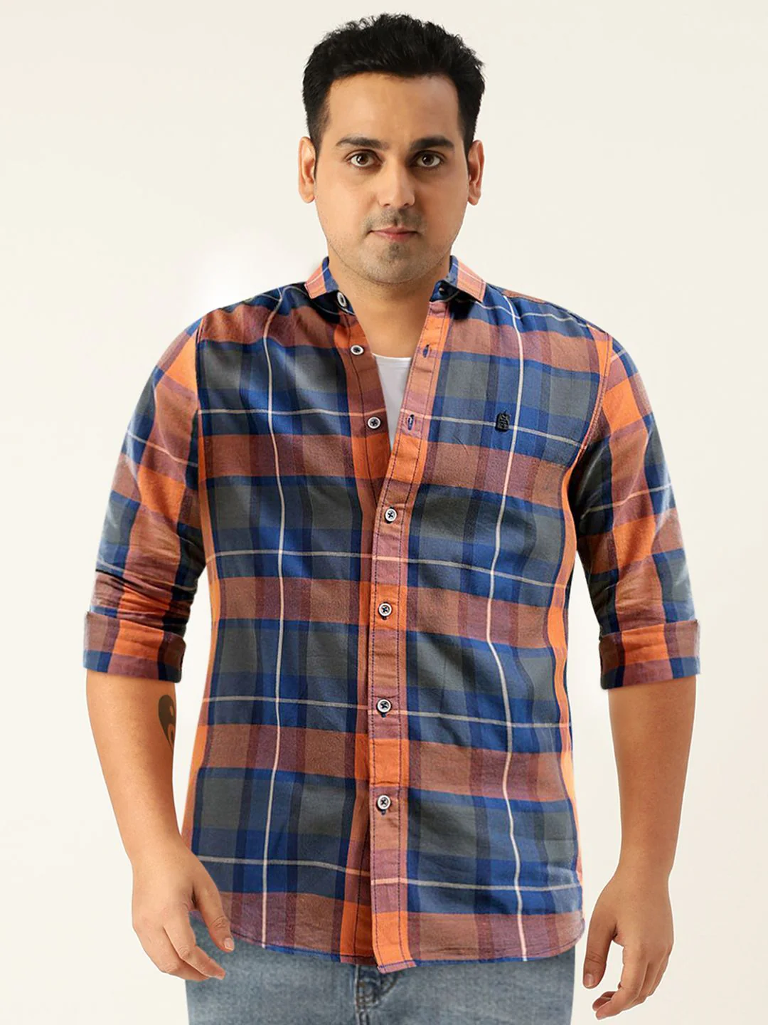 The Indian Garage Co Men Blue & Orange Checked Pure Cotton Casual Shirt - Image 6