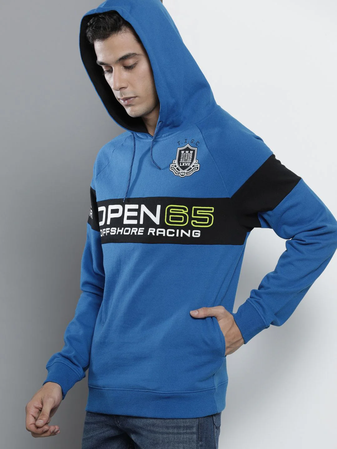 The Indian Garage Co Men Blue Printed Hooded Sweatshirt - Image 3