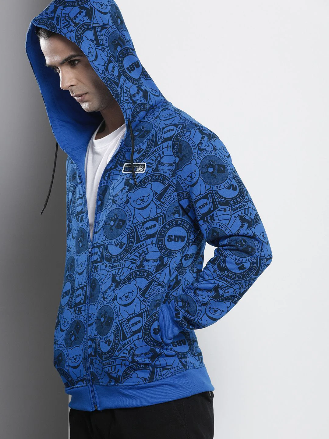 The Indian Garage Co Men Blue Printed Hooded Sweatshirt - Image 3