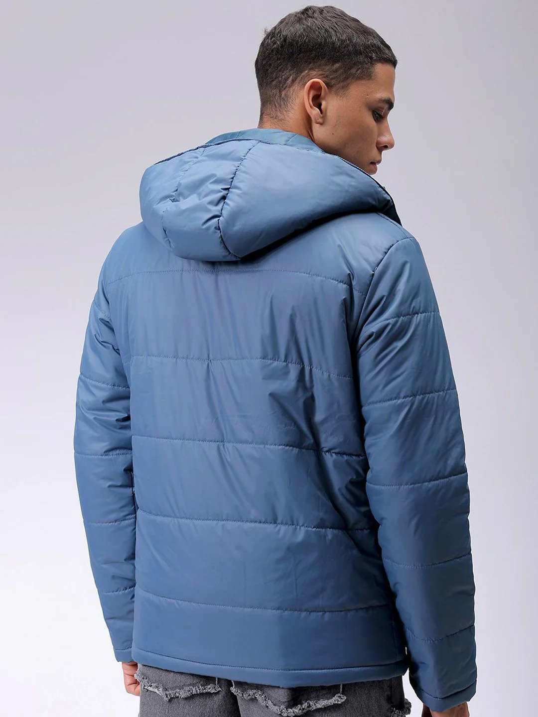The Indian Garage Co Men Blue Reflective Print Detachable Hood Padded Jacket - Image 5