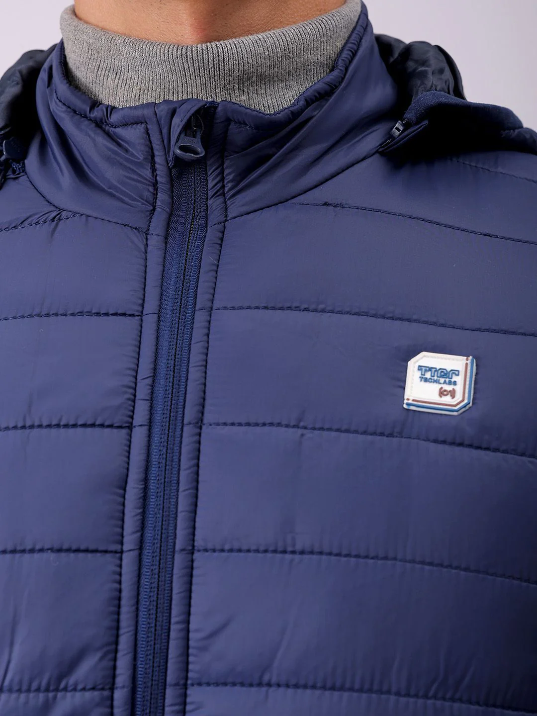 The Indian Garage Co Men Blue Solid Detachable Hood Quilted Jacket - Image 2
