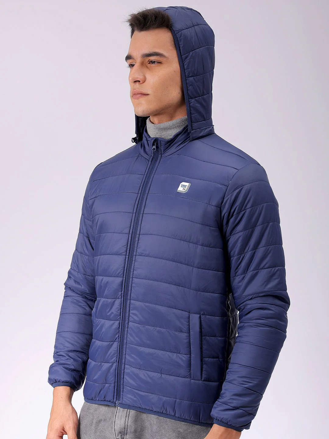 The Indian Garage Co Men Blue Solid Detachable Hood Quilted Jacket - Image 3