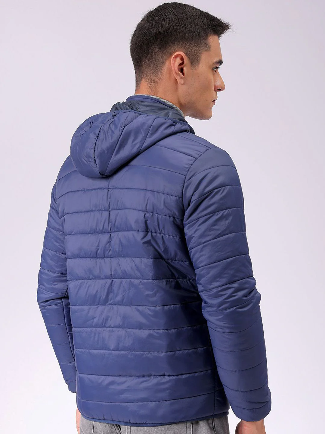 The Indian Garage Co Men Blue Solid Detachable Hood Quilted Jacket - Image 4