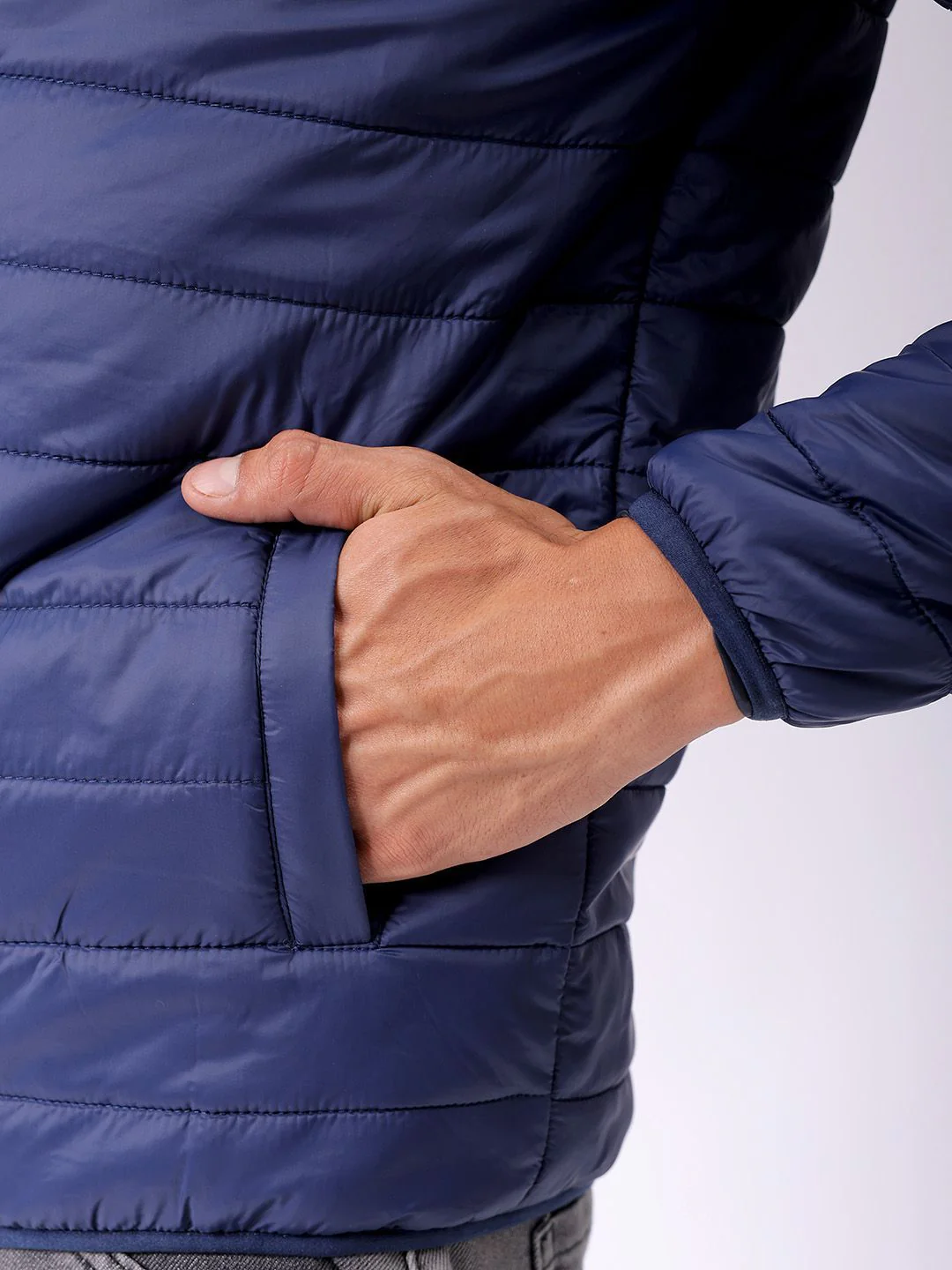 The Indian Garage Co Men Blue Solid Detachable Hood Quilted Jacket - Image 7