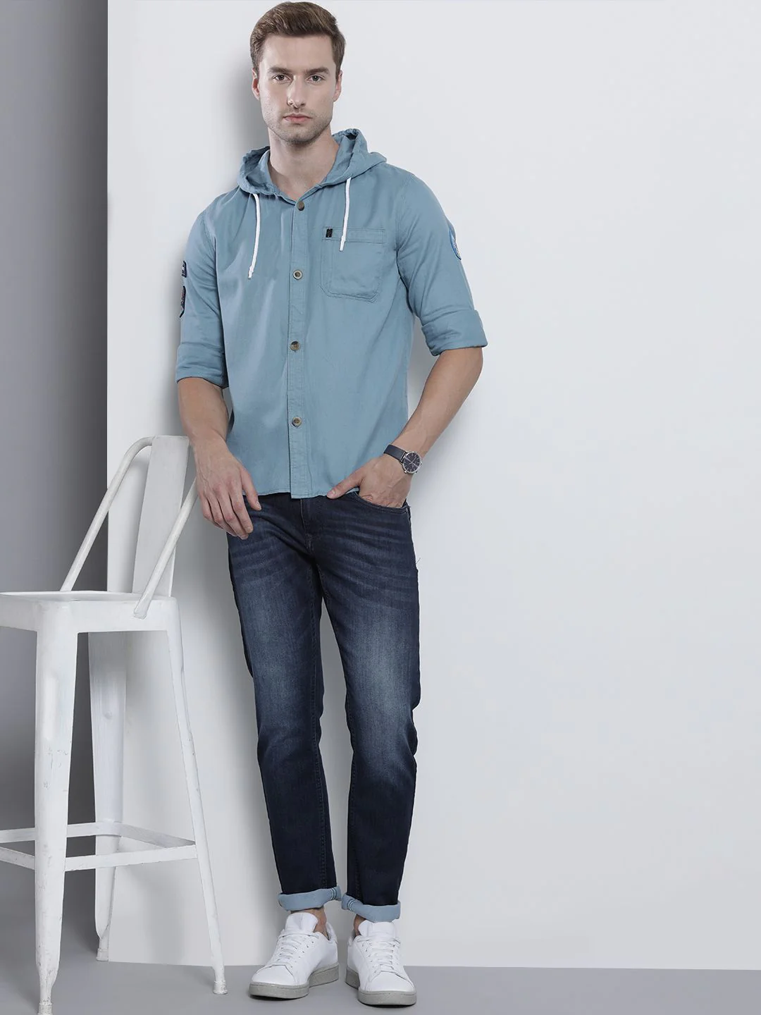 The Indian Garage Co Men Blue Solid Slim Fit Hooded Casual Shirt - Image 6