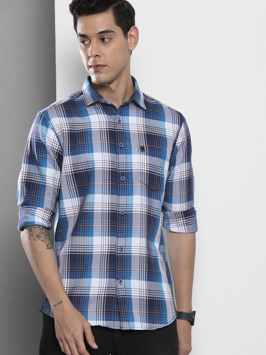 The Indian Garage Co Men Blue Tartan Checked Cotton Casual Shirt - Image 5