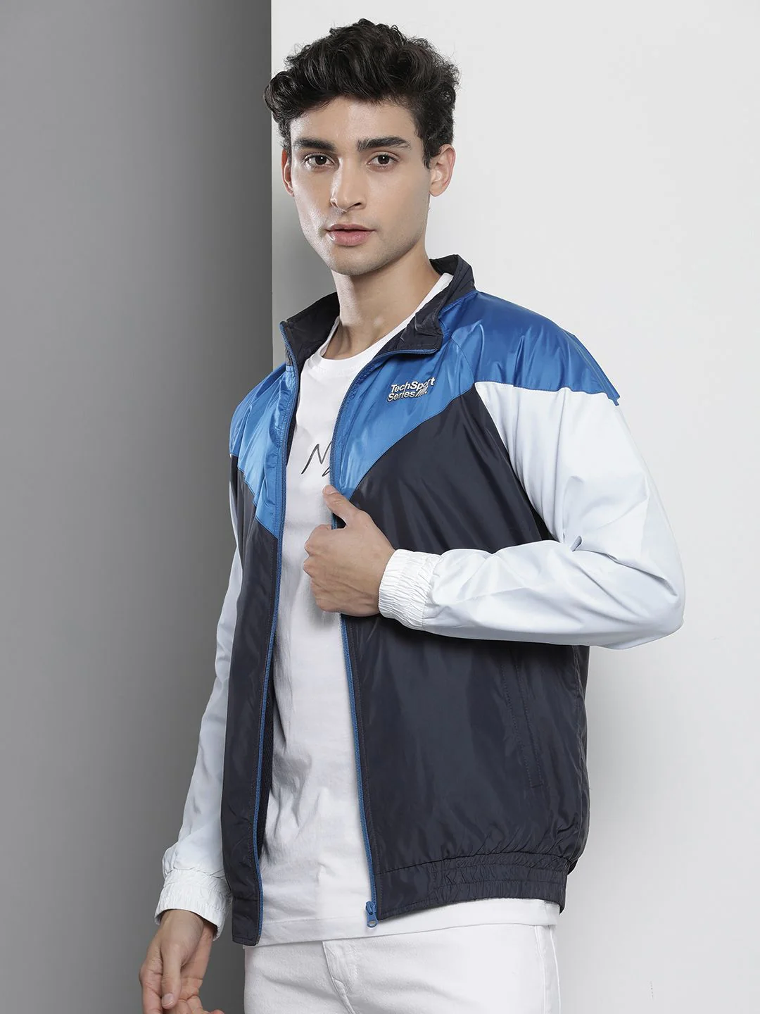 The Indian Garage Co Men Blue & White Colourblocked Windcheater Jacket - Image 3