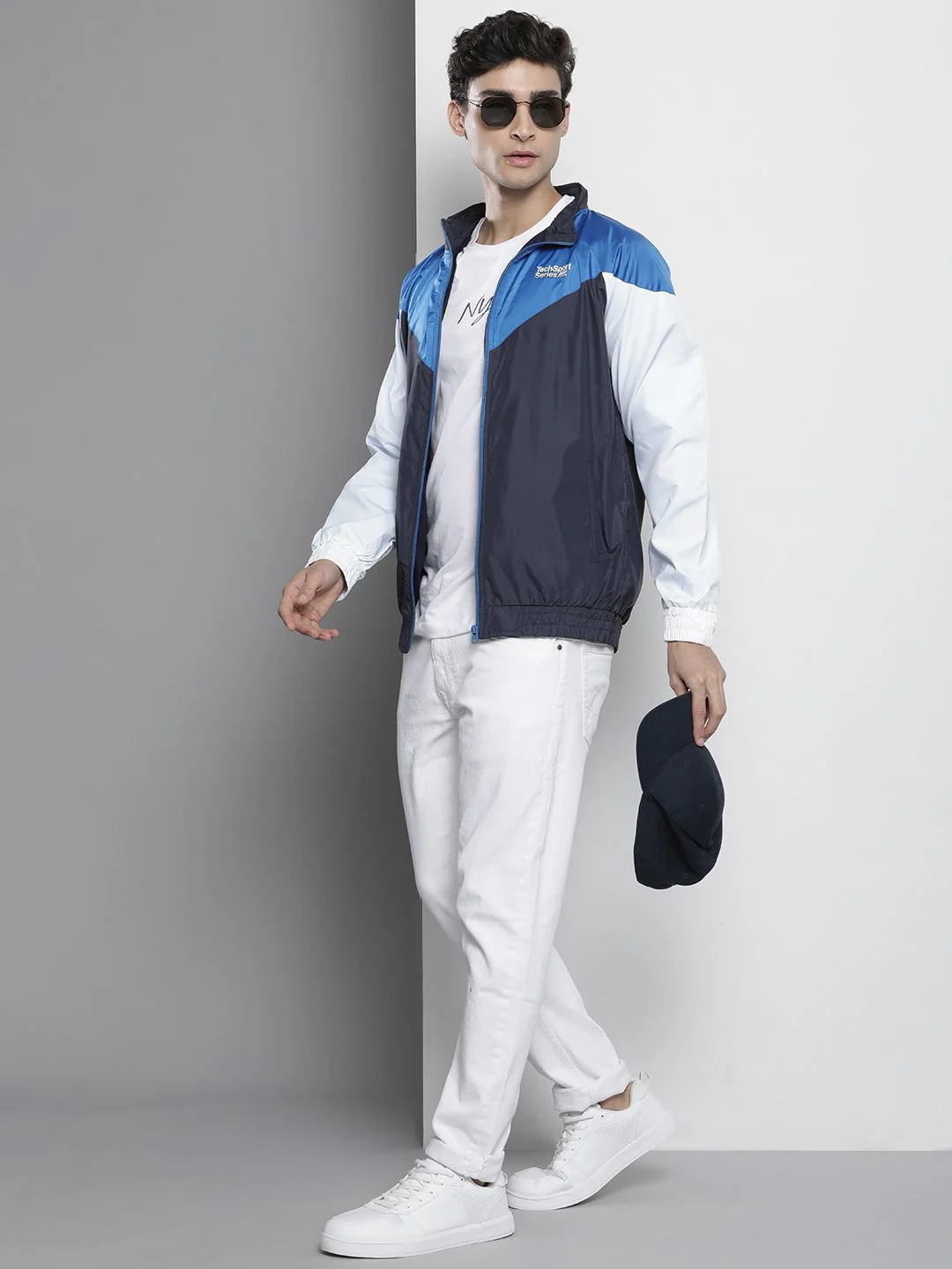 The Indian Garage Co Men Blue & White Colourblocked Windcheater Jacket - Image 4