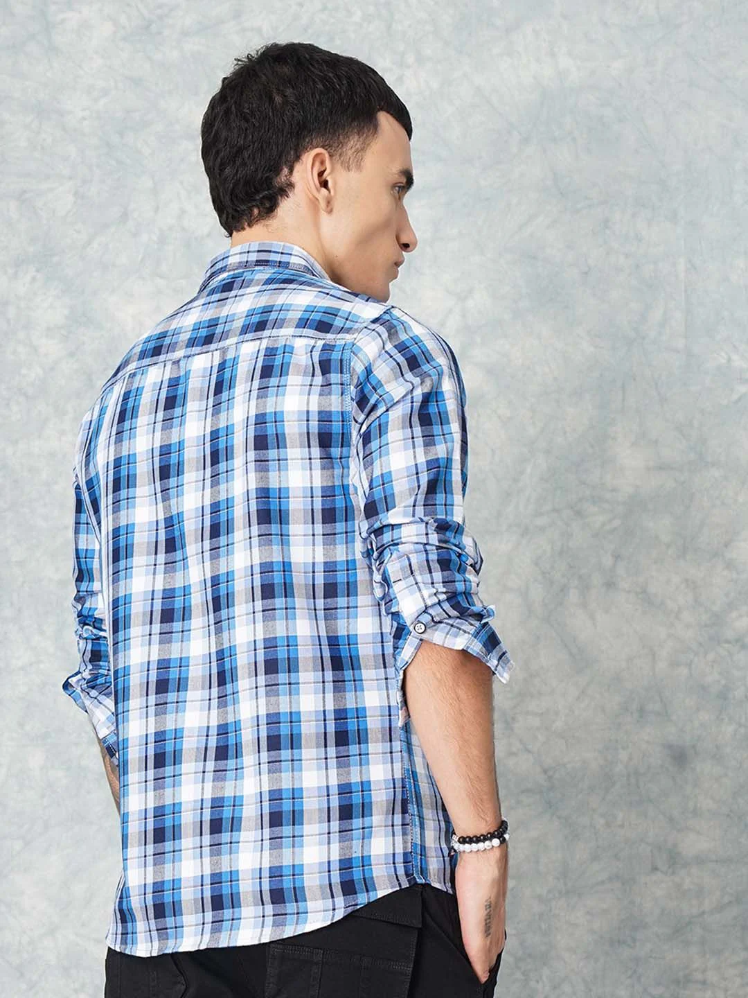 The Indian Garage Co Men Blue & White Slim Fit Checked Casual Shirt - Image 4