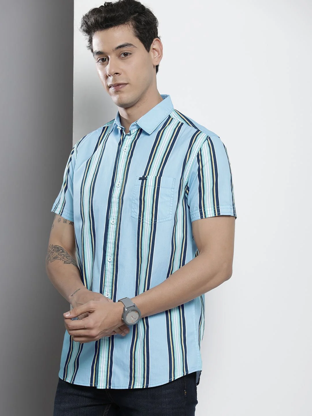 The Indian Garage Co Men Blue & White Striped Cotton Casual Shirt - Image 3