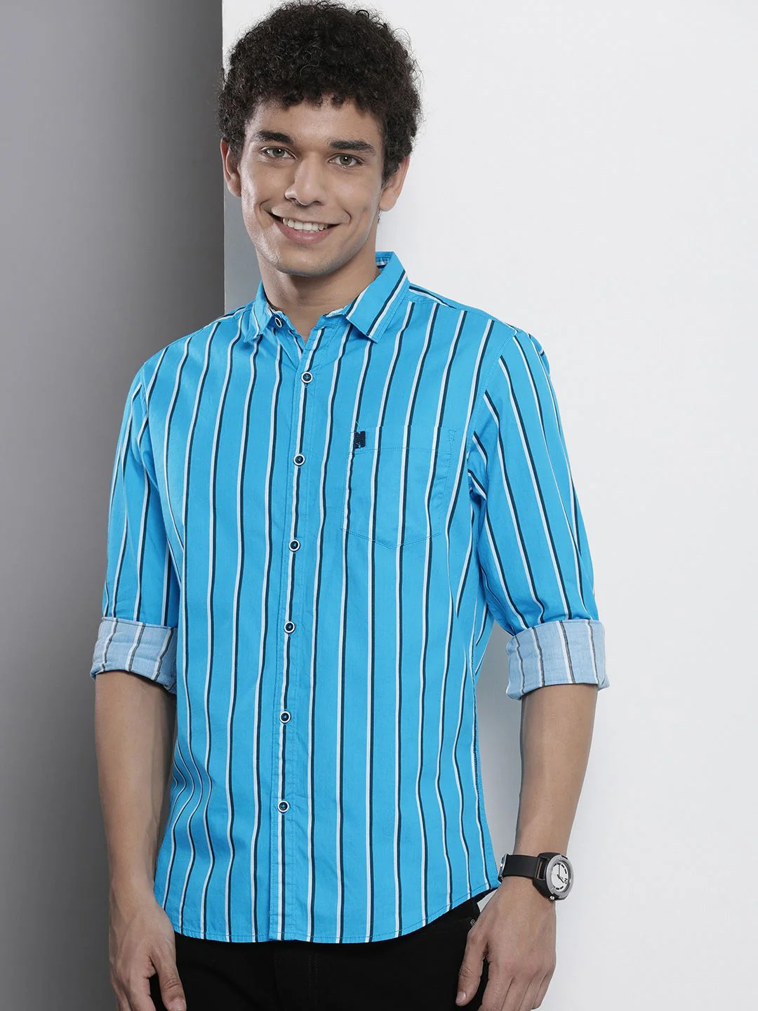 The Indian Garage Co Men Blue & White Striped Cotton Shirt - Image 5