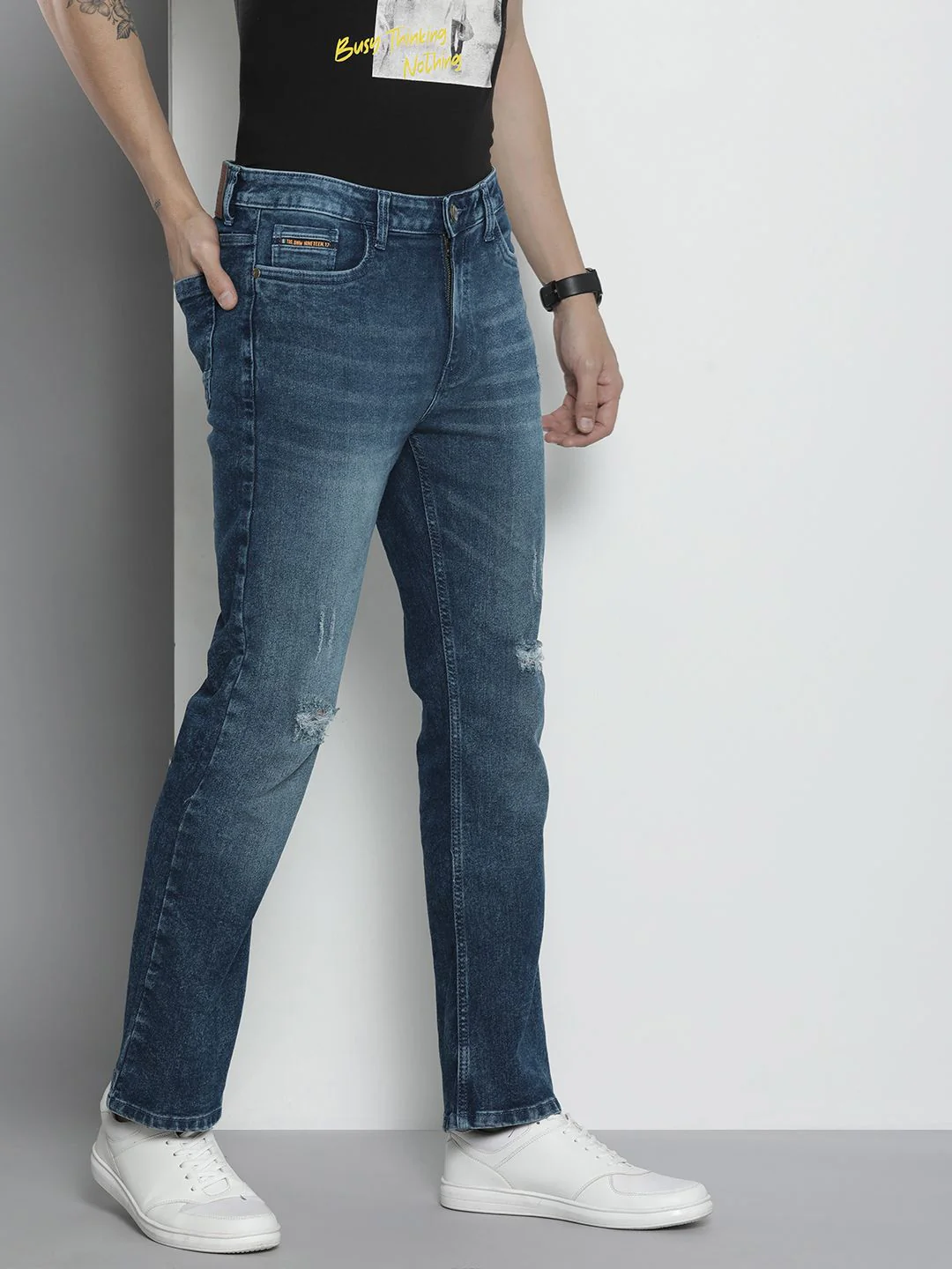 The Indian Garage Co Men Bootcut Mildly Distressed Light Fade Stretchable Jeans - Image 2