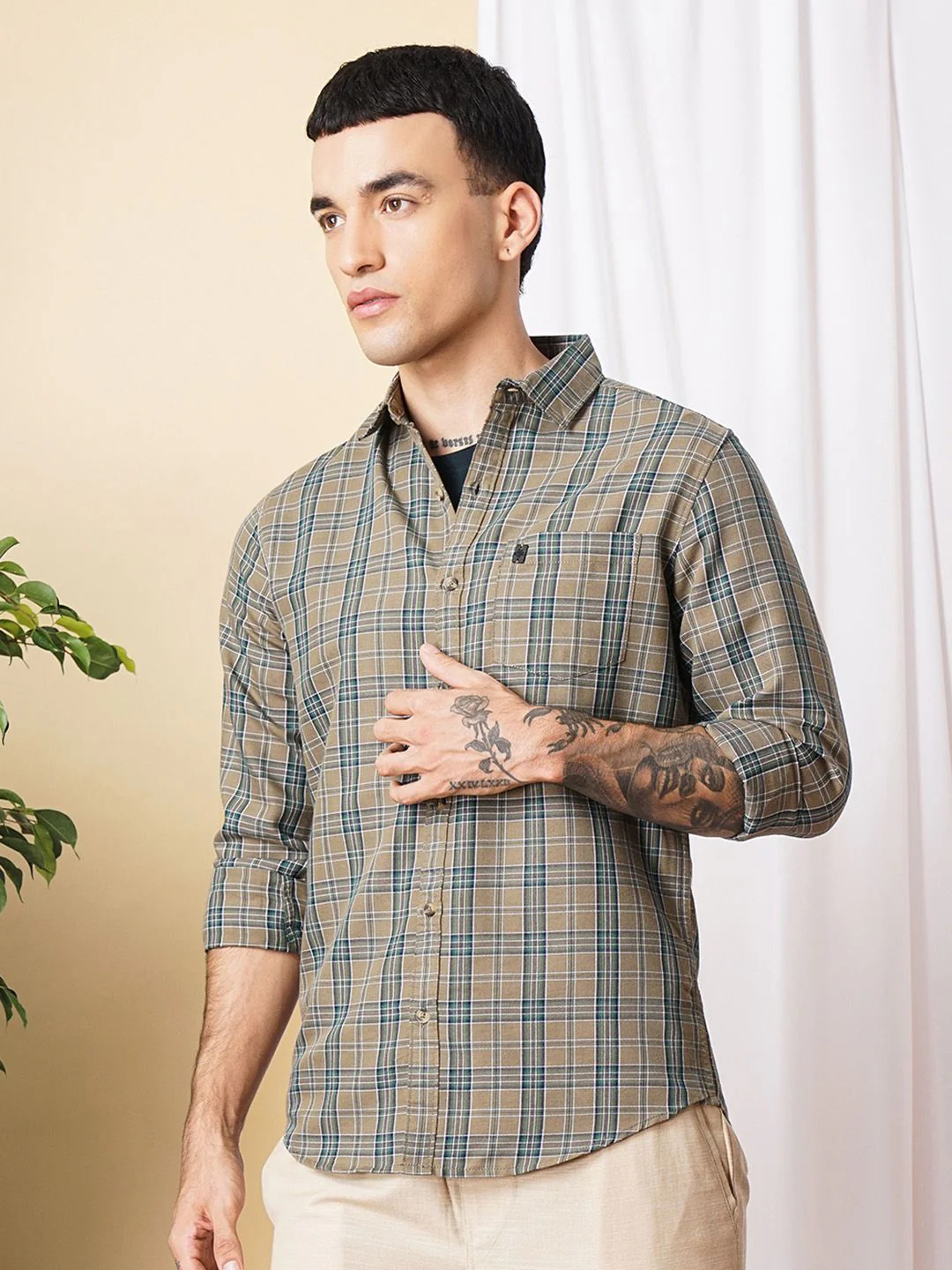 The Indian Garage Co Men Brown & Green Checked Pure Cotton Casual Shirt - Image 3