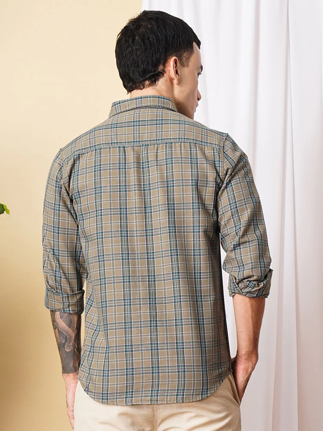 The Indian Garage Co Men Brown & Green Checked Pure Cotton Casual Shirt - Image 5