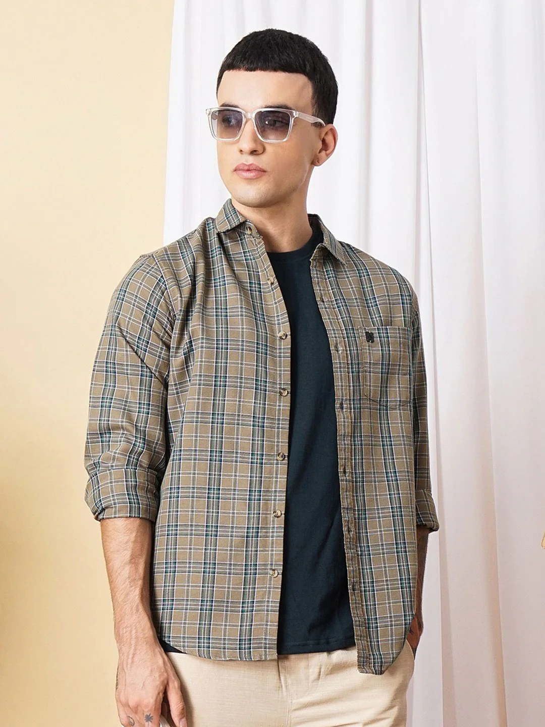 The Indian Garage Co Men Brown & Green Checked Pure Cotton Casual Shirt - Image 6