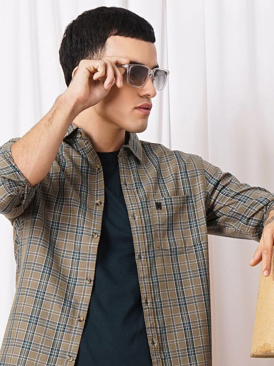 The Indian Garage Co Men Brown & Green Checked Pure Cotton Casual Shirt - Image 7