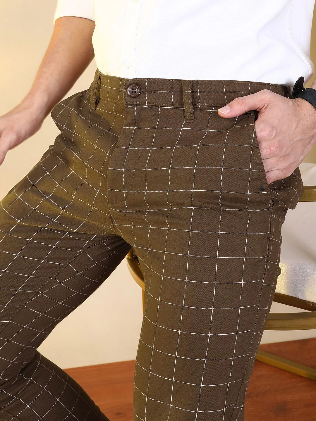 The Indian Garage Co Men Brown Slim Fit Checked Regular Trousers - Image 5